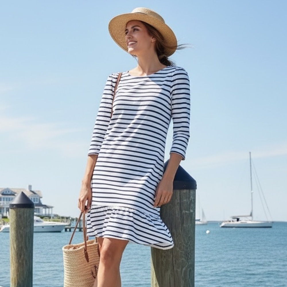Tuckernuck Sail To Sable NAUTICAL Navy Striped French Terry Ruffle Dress COTTON